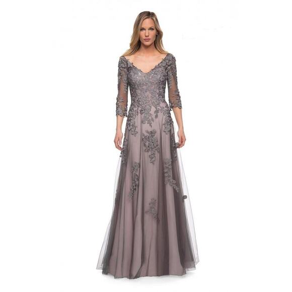$628 La Femme 29205 Gray Pink Tulle Fit & Flare Embroidered Gown 14 NEW
